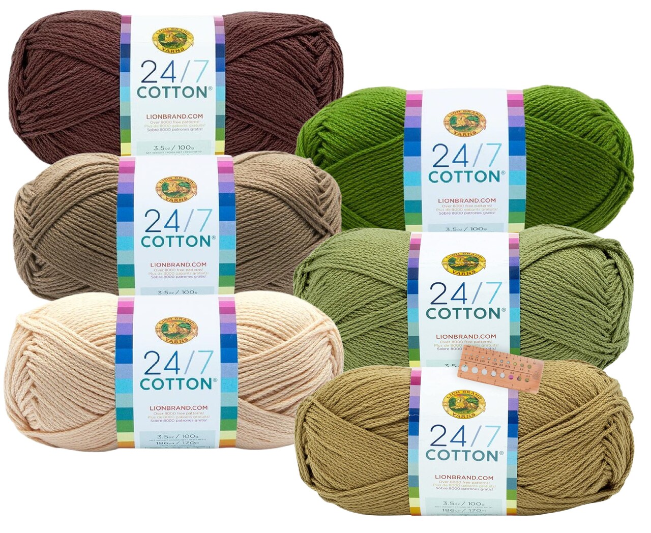 Lion Brand Yarn - 24/7 Cotton - 6 Skein Assortment (Olive Tree)
